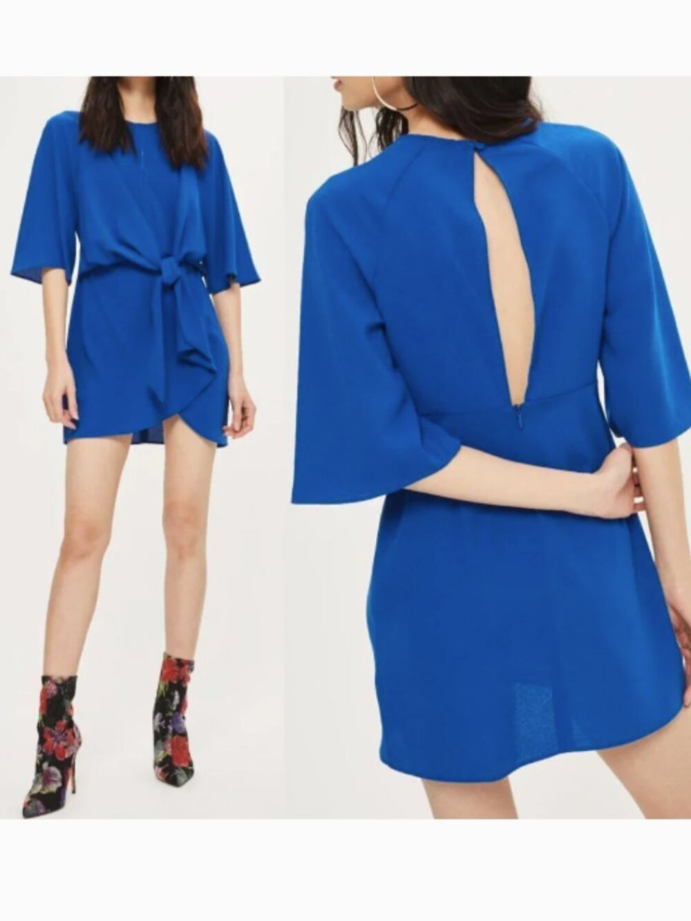Topshop Dress Wide Half Sleeves Knot Tie Front Cobalt Royal Blue Mini Dress US 8 - Picture 3 of 5